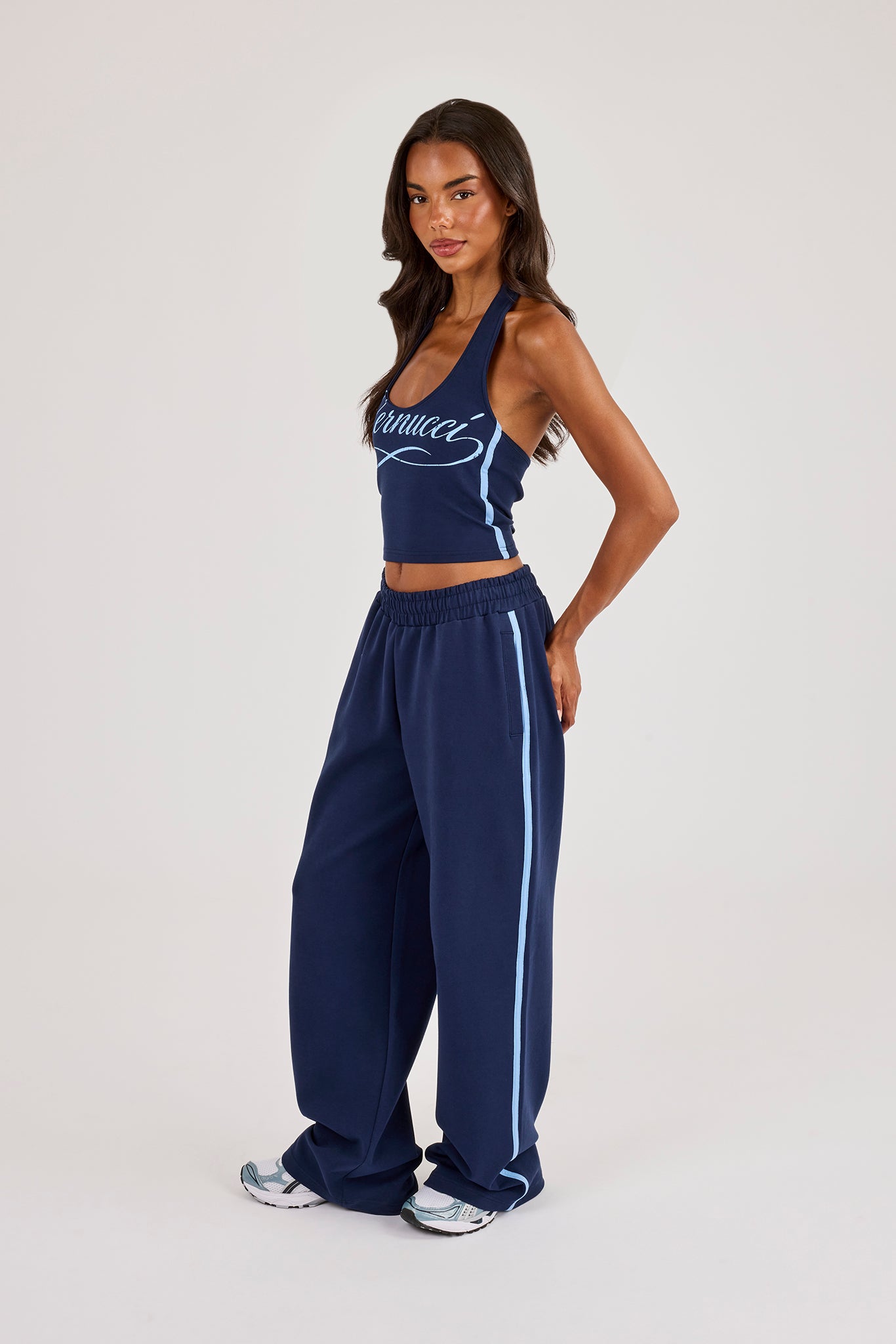 Cracked Print Halterneck Top & Wide Leg Jogger - Navy Blue